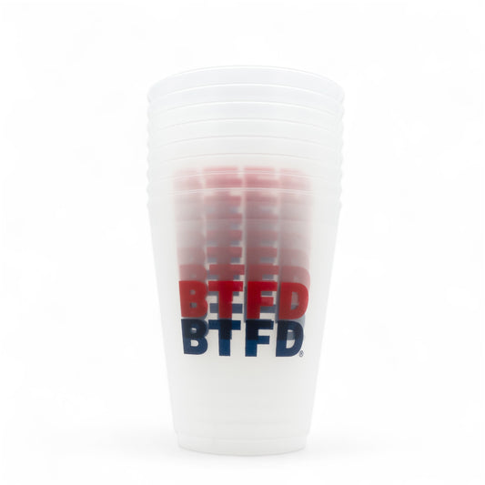 Stack of 8 clear plastic cups with red and blue 'BTFD' ext on a white background
