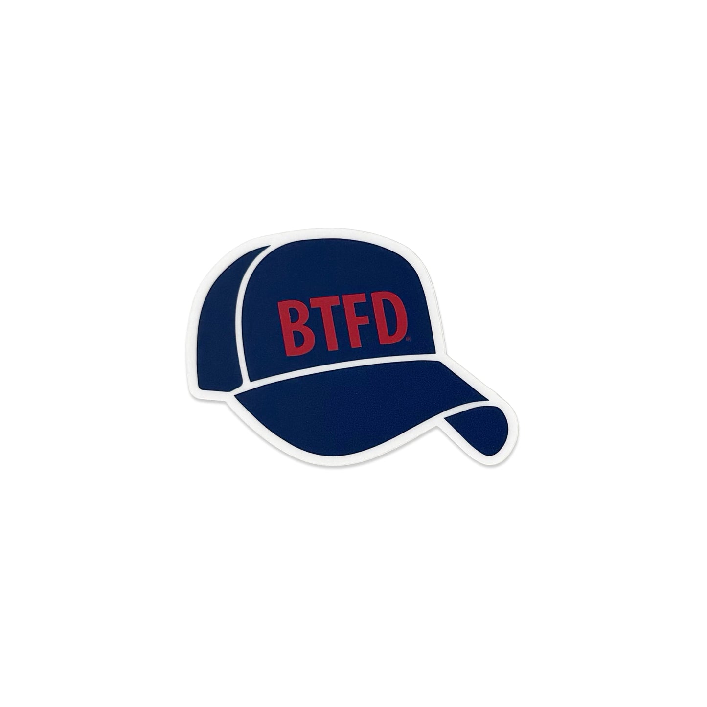 Blue cap vinyl sticker with 'BTFD' text on a white background