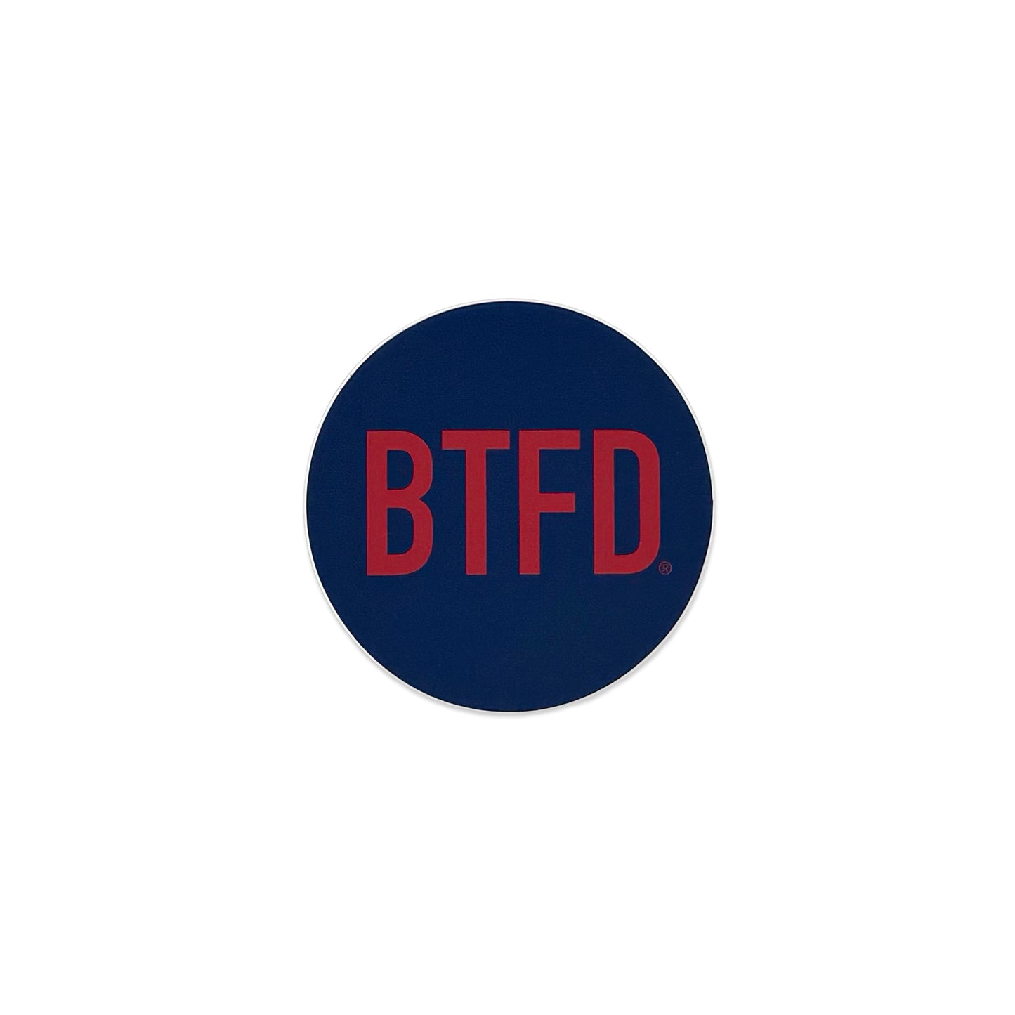 Navy blue circle vinyl sticker with 'BTFD' in red text on a white background