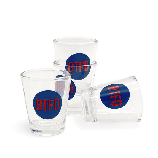 Set of 4 shot glasses with blue circle and red 'BTFD' on a white background