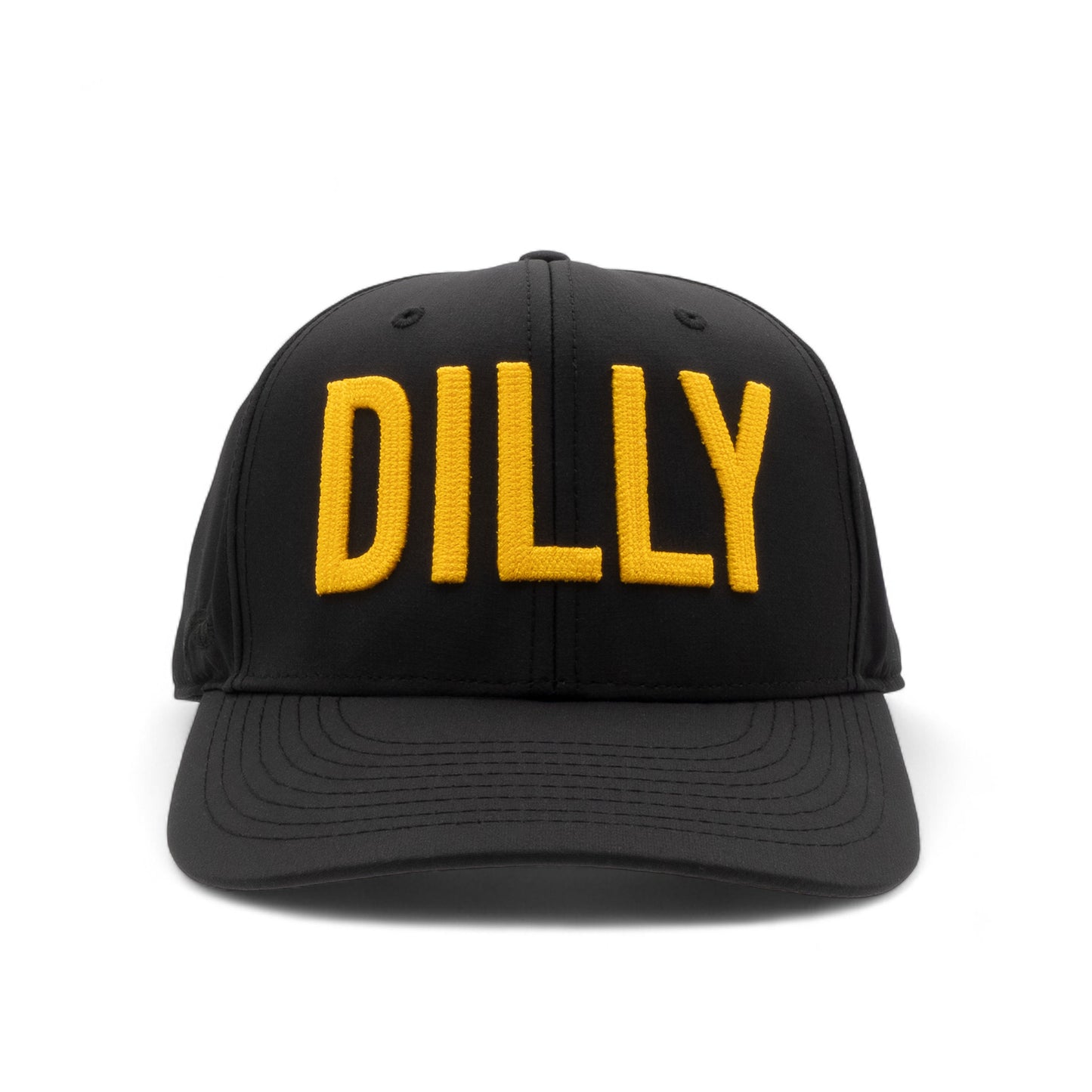 Black cap with 'DILLY' embroidered in yellow on a white background