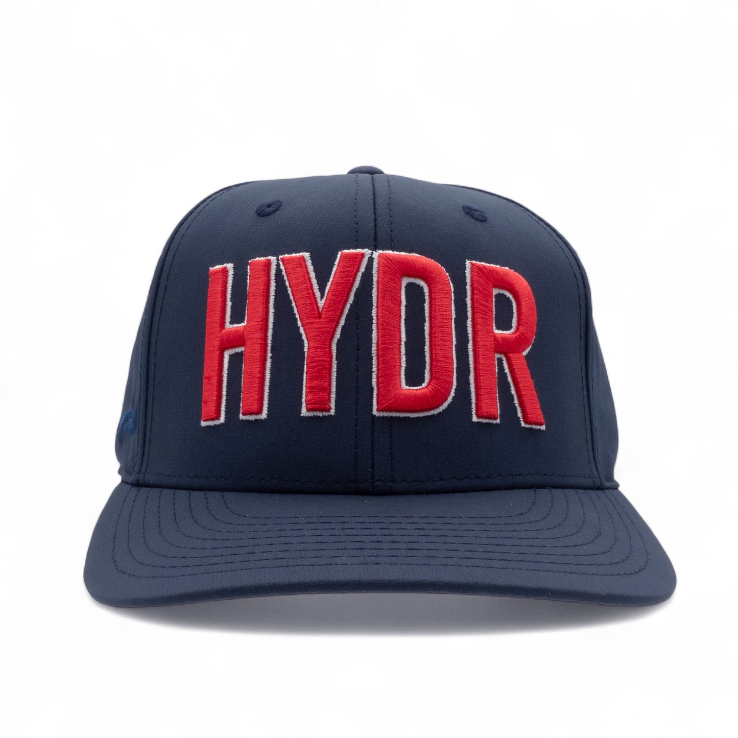 Navy blue cap with red 'HYDR' text on a white background