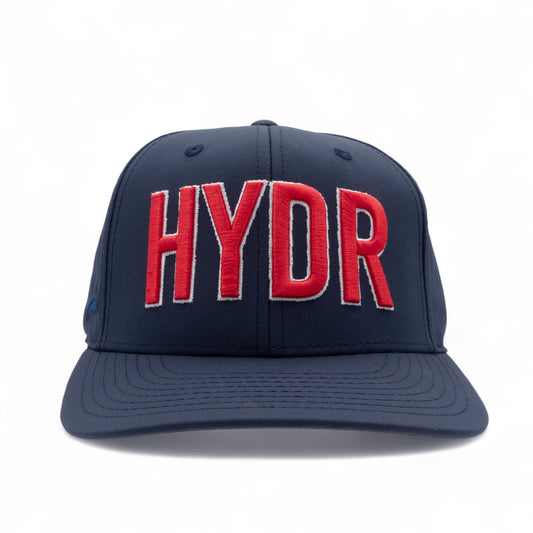 Navy blue cap with red 'HYDR' text on a white background