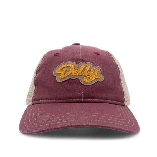 Maroon cap with beige mesh back and 'Dilly' logo on a white background