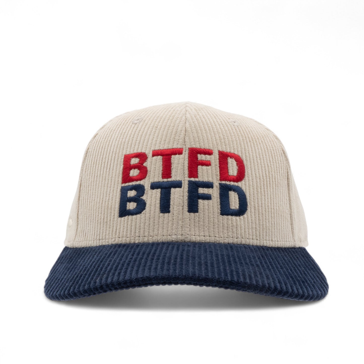 tan corduroy cap with navy bill, 'BTFD' stack logo embroidered in red and navy on a white background