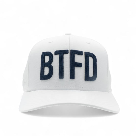white cap with 'BTFD' embroidered in blue