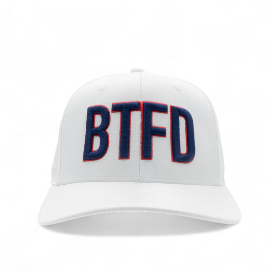 White cap with 'BTFD' in blue and red on a white background