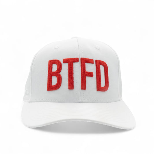 White cap with red 'BTFD' text on a white background