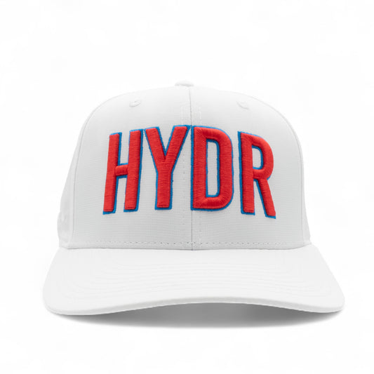 White cap with 'HYDR' in red and blue on a white background