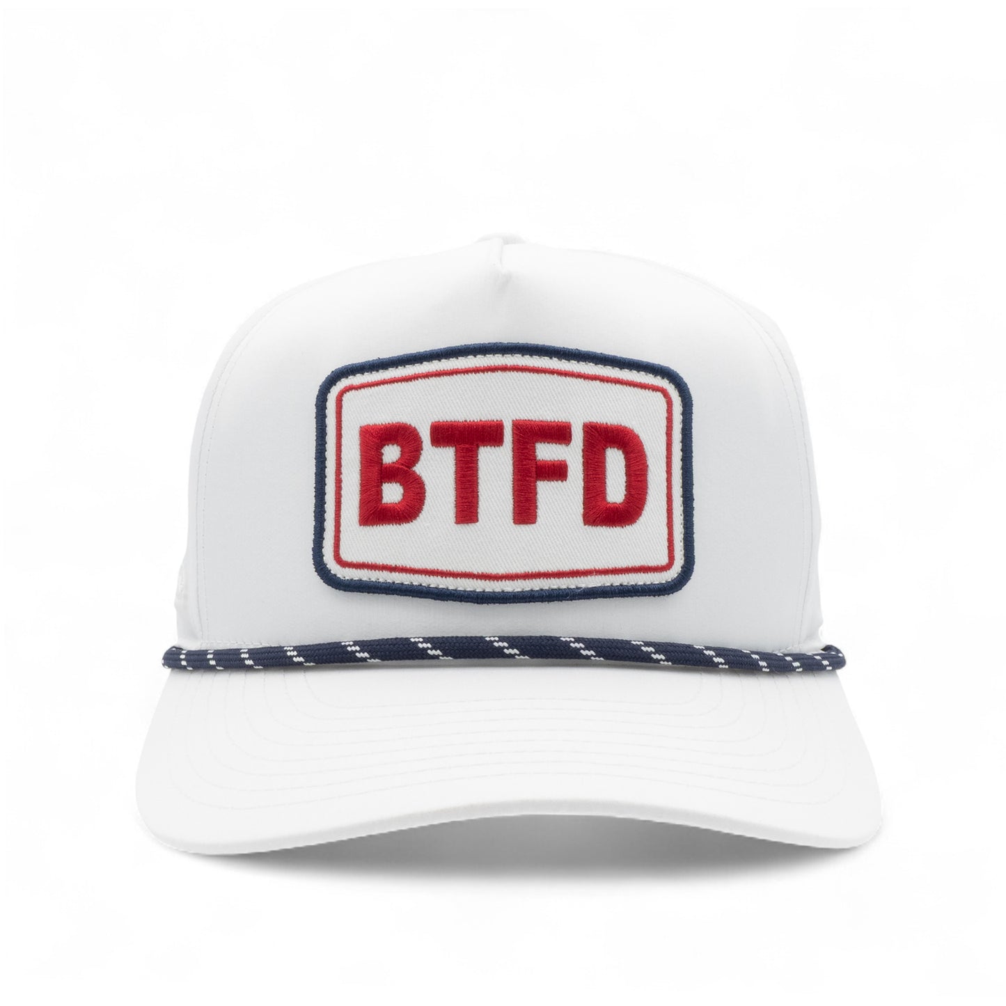 White cap with 'BTFD' embroidered patch and navy rope on a white background