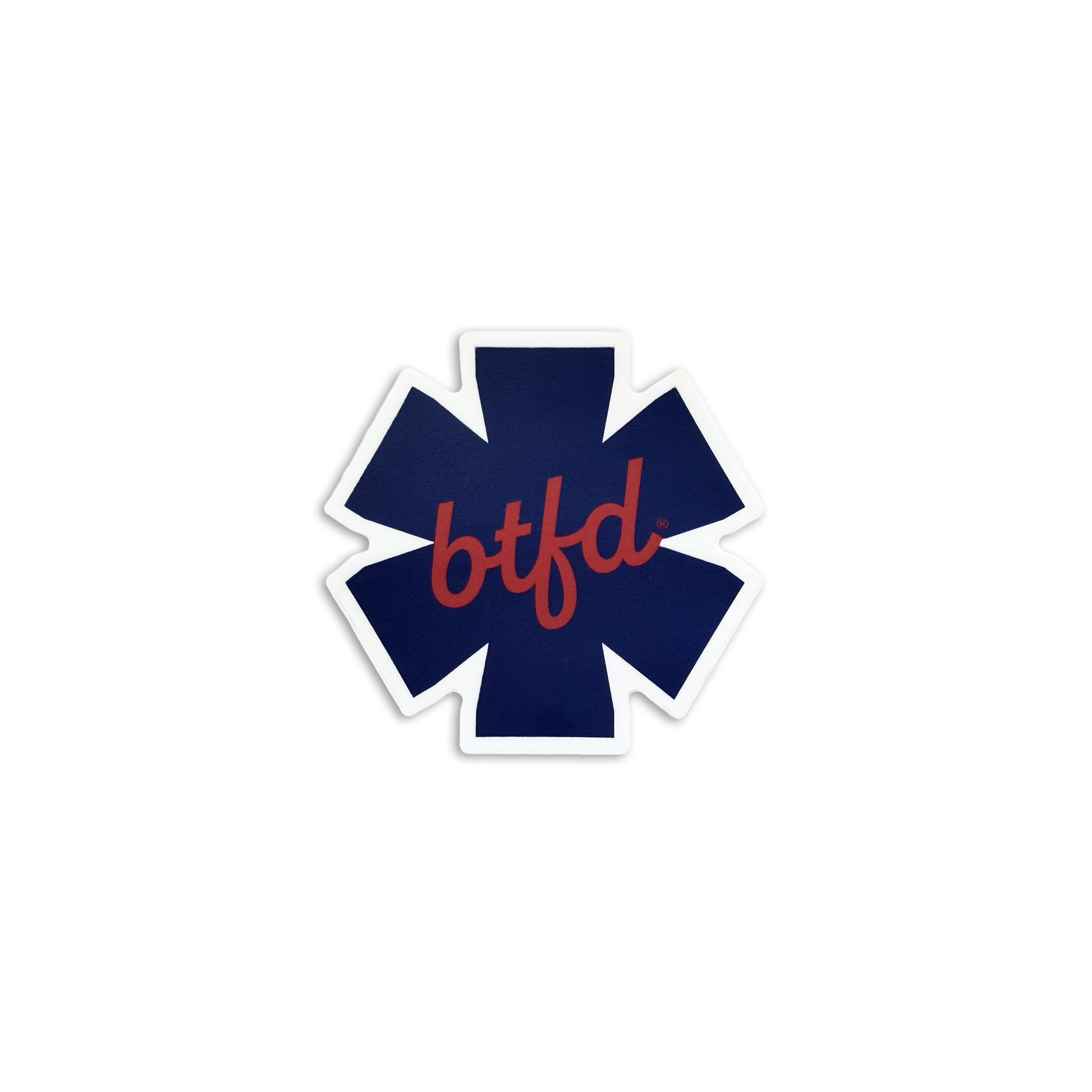 Blue star-shaped sticker with 'btfd' text on a white background