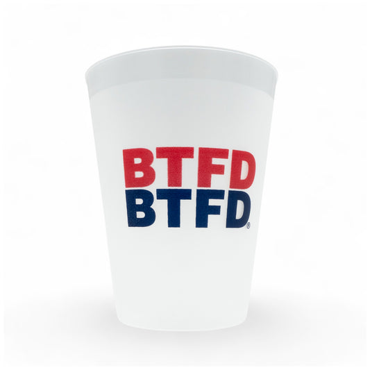 White plastic cup with 'BTFD' text in red and blue on a white background