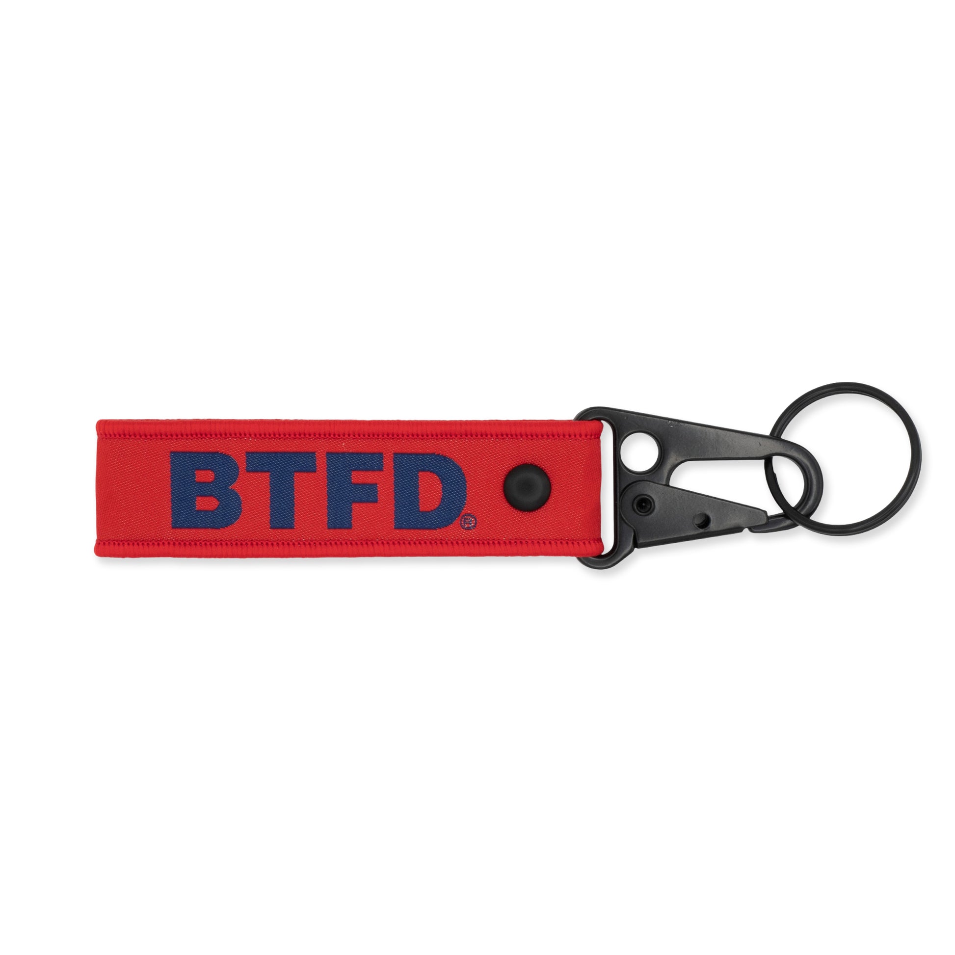 Red keychain with 'BTFD' text on a white background
