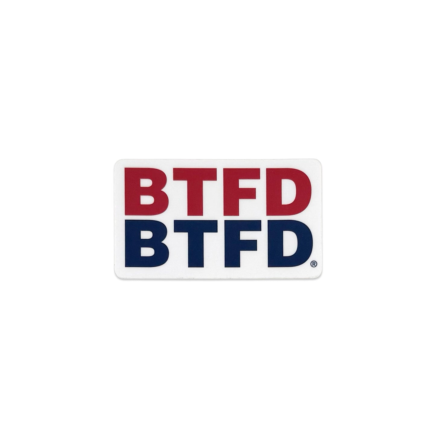 BTFD logo stack vinyl sticker in navy and red, white background