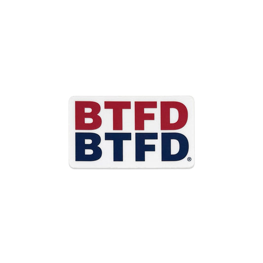 BTFD logo stack vinyl sticker in navy and red, white background