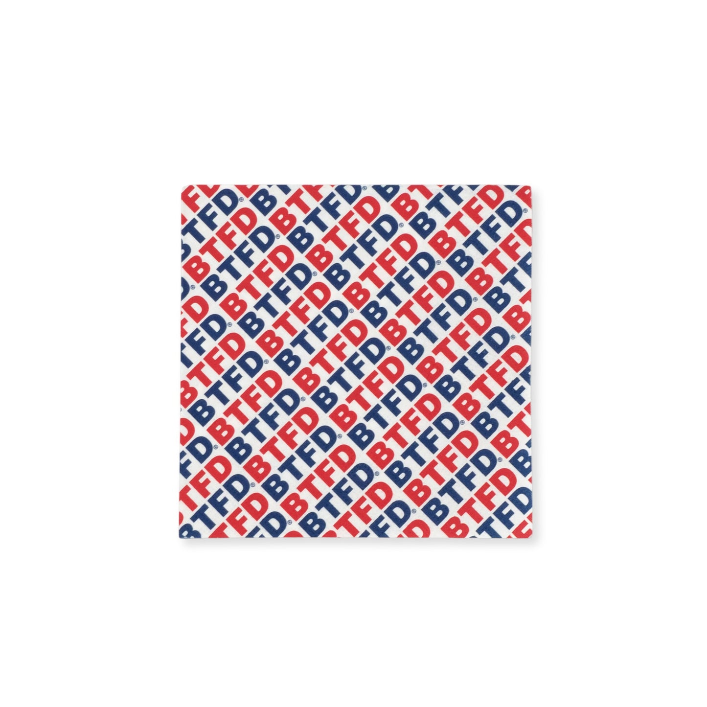 napkin with 'BTTFD' text in red and blue on a white background