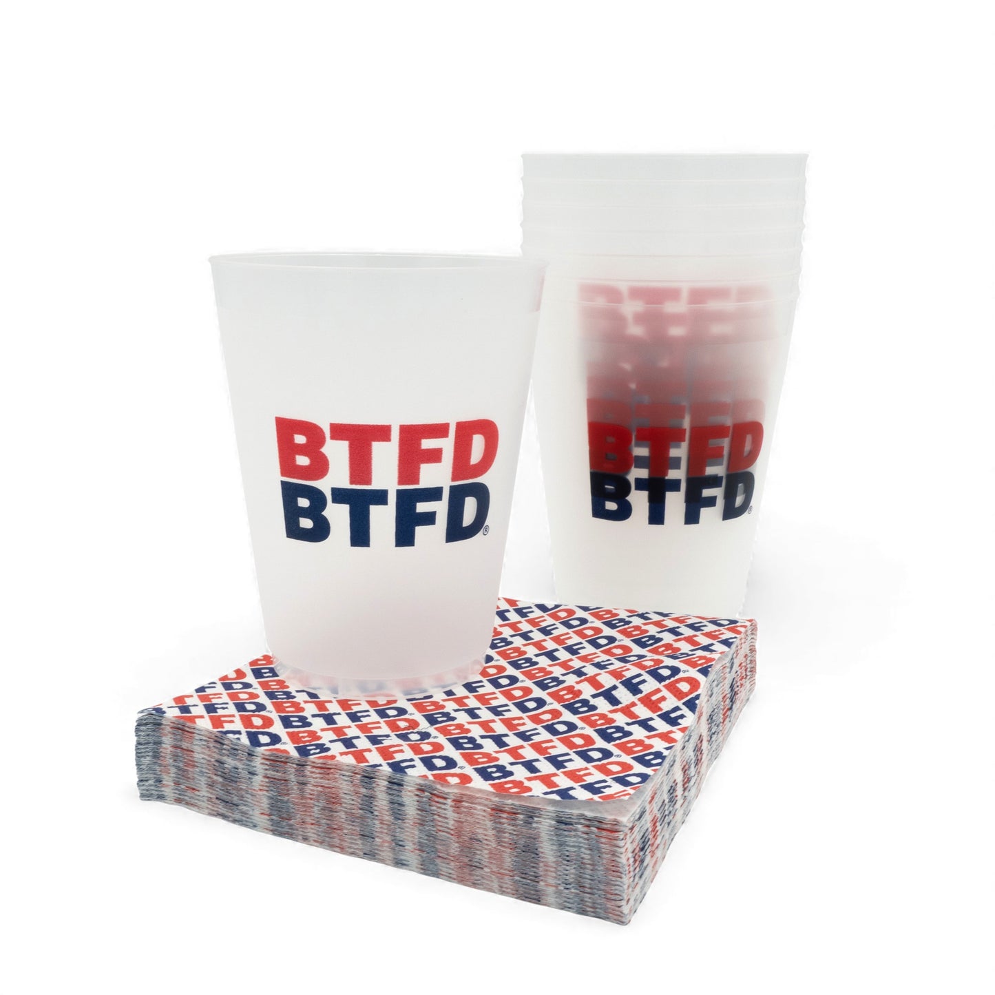 Stack of frosted plastic cups with 'BTFD' text with a stack of 'BTFD' napkins