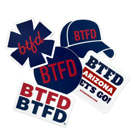 Collection of 'BTFD' branded stickers on a white background.