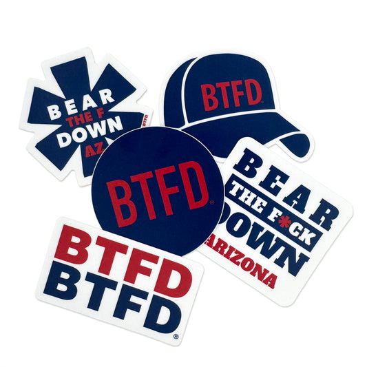 Collection of stickers with 'BTFD' and 'Bear The F**k Down Arizona' text on a white background