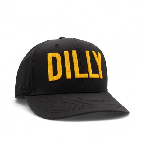 Black cap with 'DILLY' embroidered in yellow on a white background