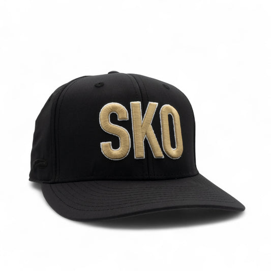 Black cap with 'SKO' in gold on a white background