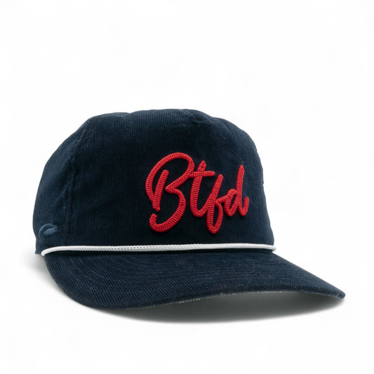 Navy blue cap with red 'Btfd' embroidery on a white background