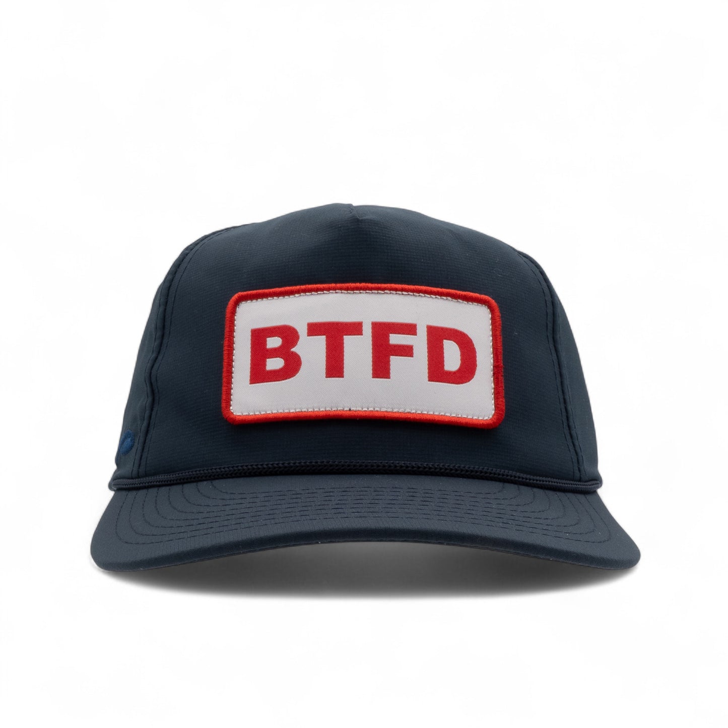 navy cap with a red and white 'BTFD' patch