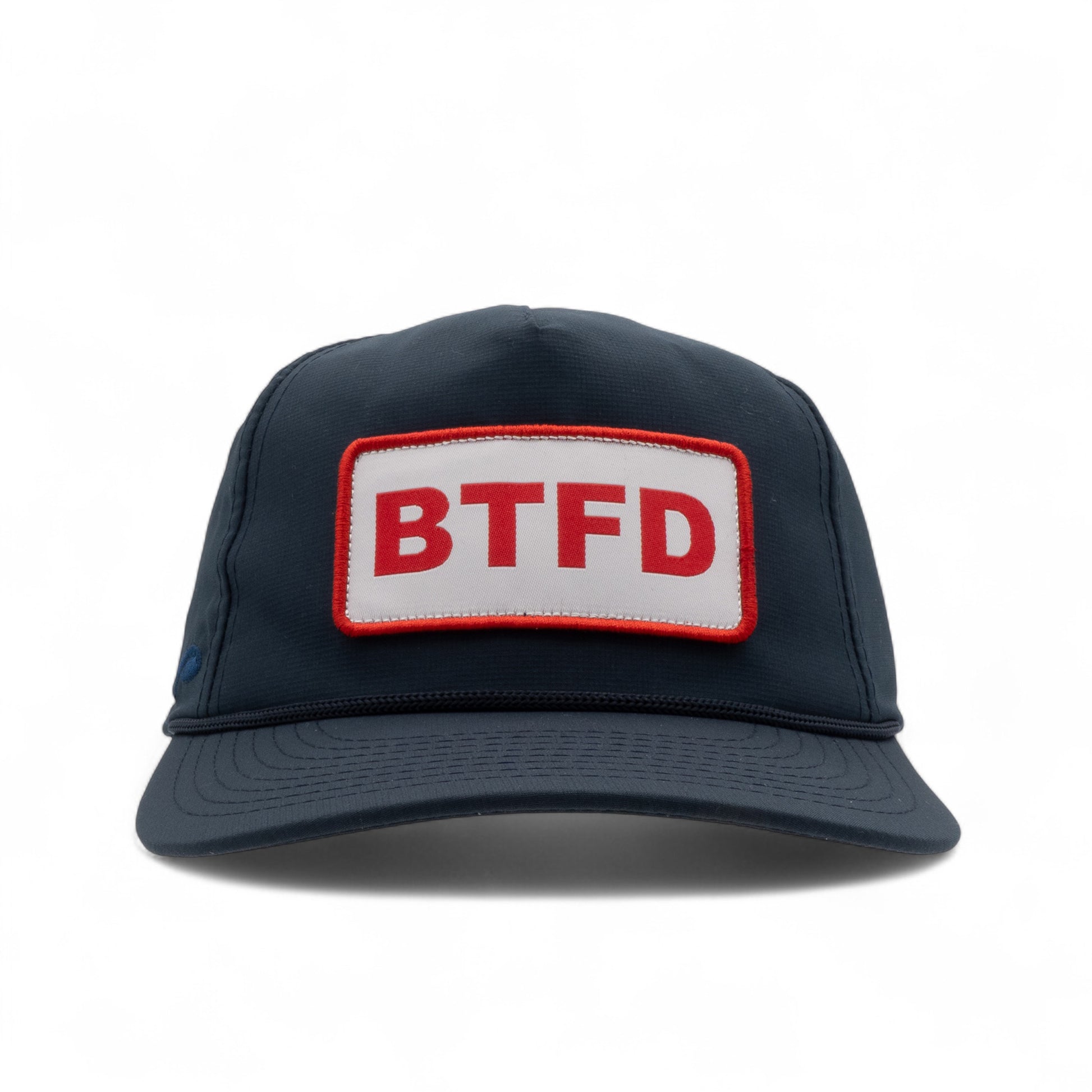 navy cap with a red and white 'BTFD' patch