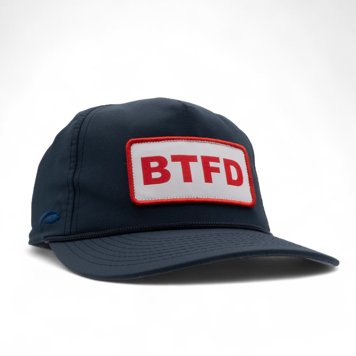 navy cap with a red and white 'BTFD' patch