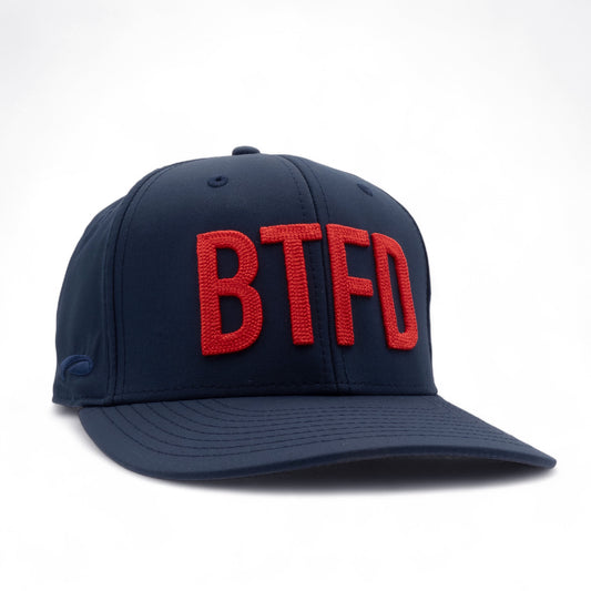 Navy blue cap with red 'BTFD' text on a white background