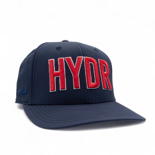Navy blue cap with red 'HYDR' text on a white background