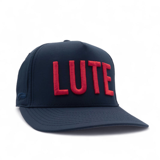 Navy cap with red 'LUTE' text on a white background