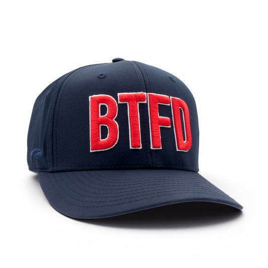 Navy hat with red embroidered  'BTFD' 