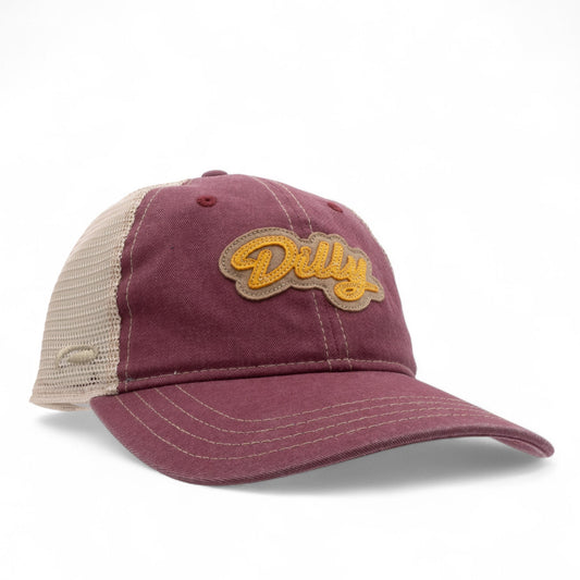 Maroon and beige cap with 'Dilly' patch on a white background