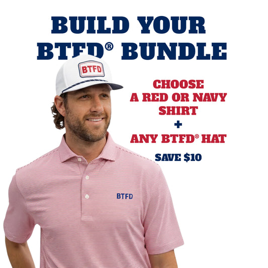 Man wearing a red/white shirt and white cap with 'BTFD' branding, promotional text for building a bundle.