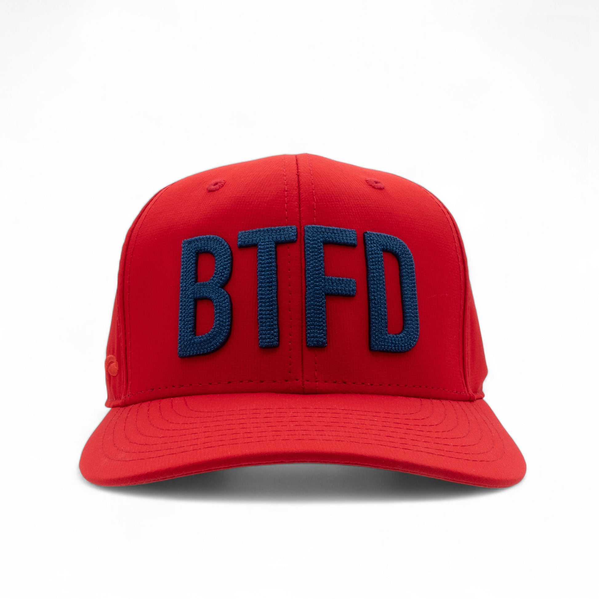 Red cap with 'BTFD' in blue on a white background