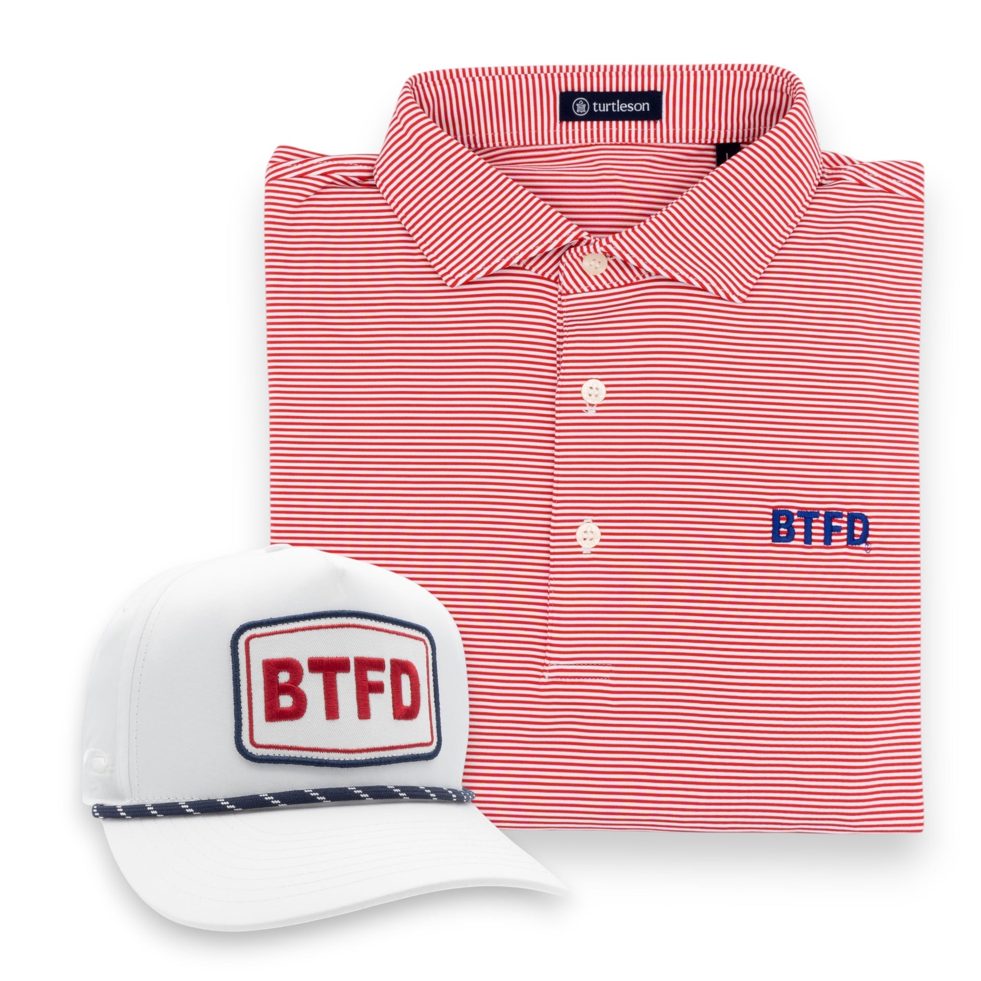 Red and white striped polo shirt and white cap with 'BTFD' logo on a white background