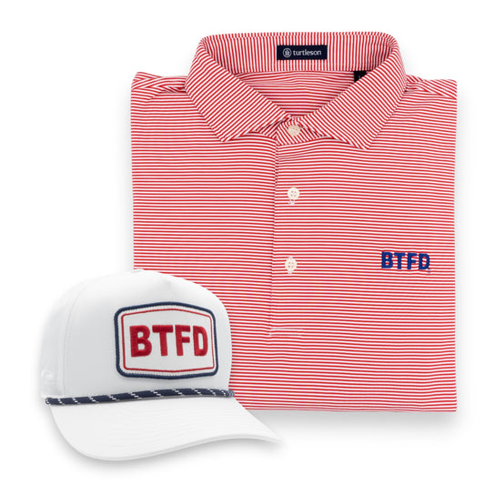 Red and white striped polo shirt and white cap with 'BTFD' logo on a white background
