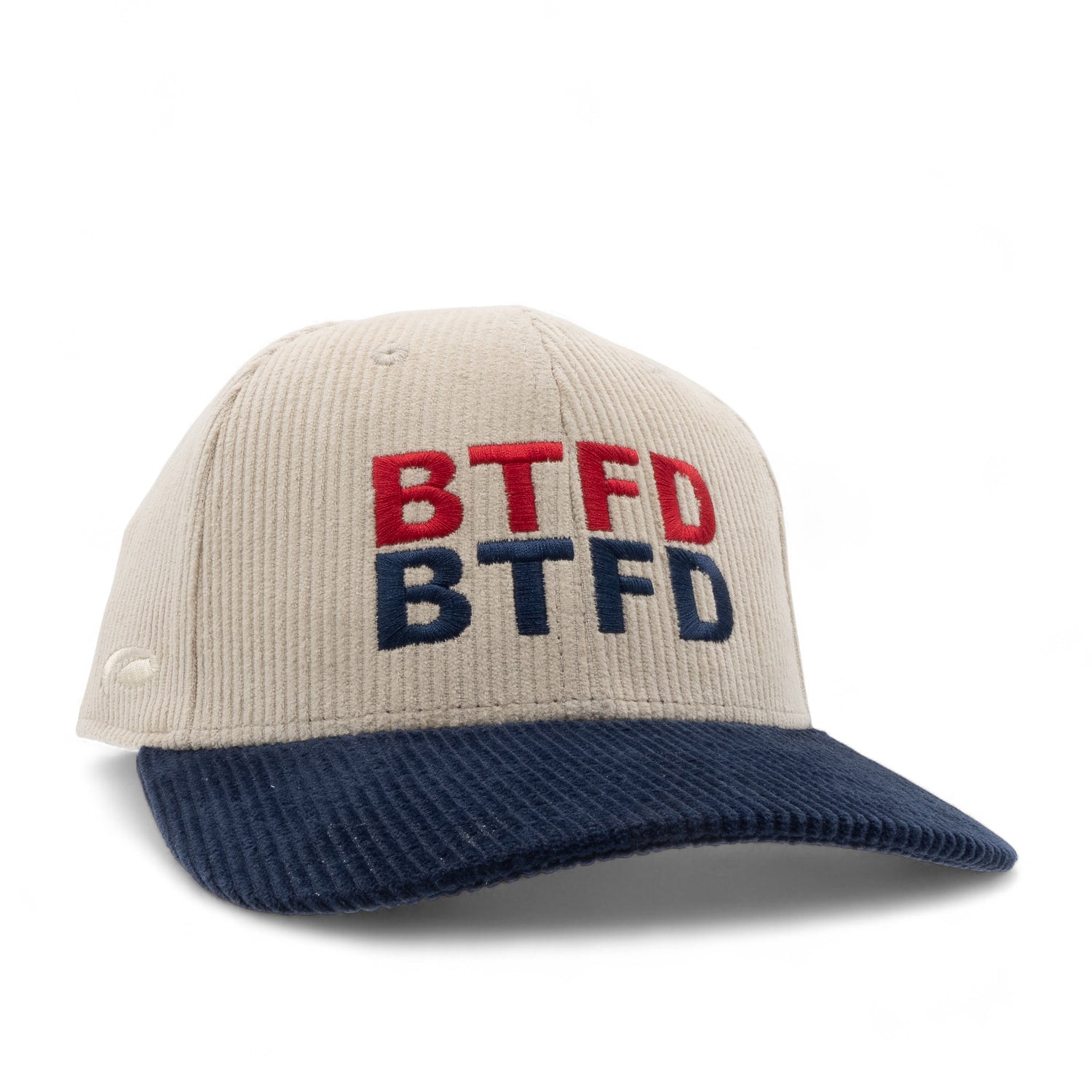 tan and navy corduroy hat with 'BTFD' stack logo