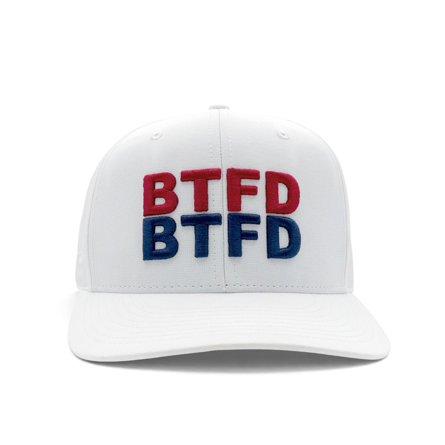 White cap with 'BTFD' logo stack in red and blue on a white background