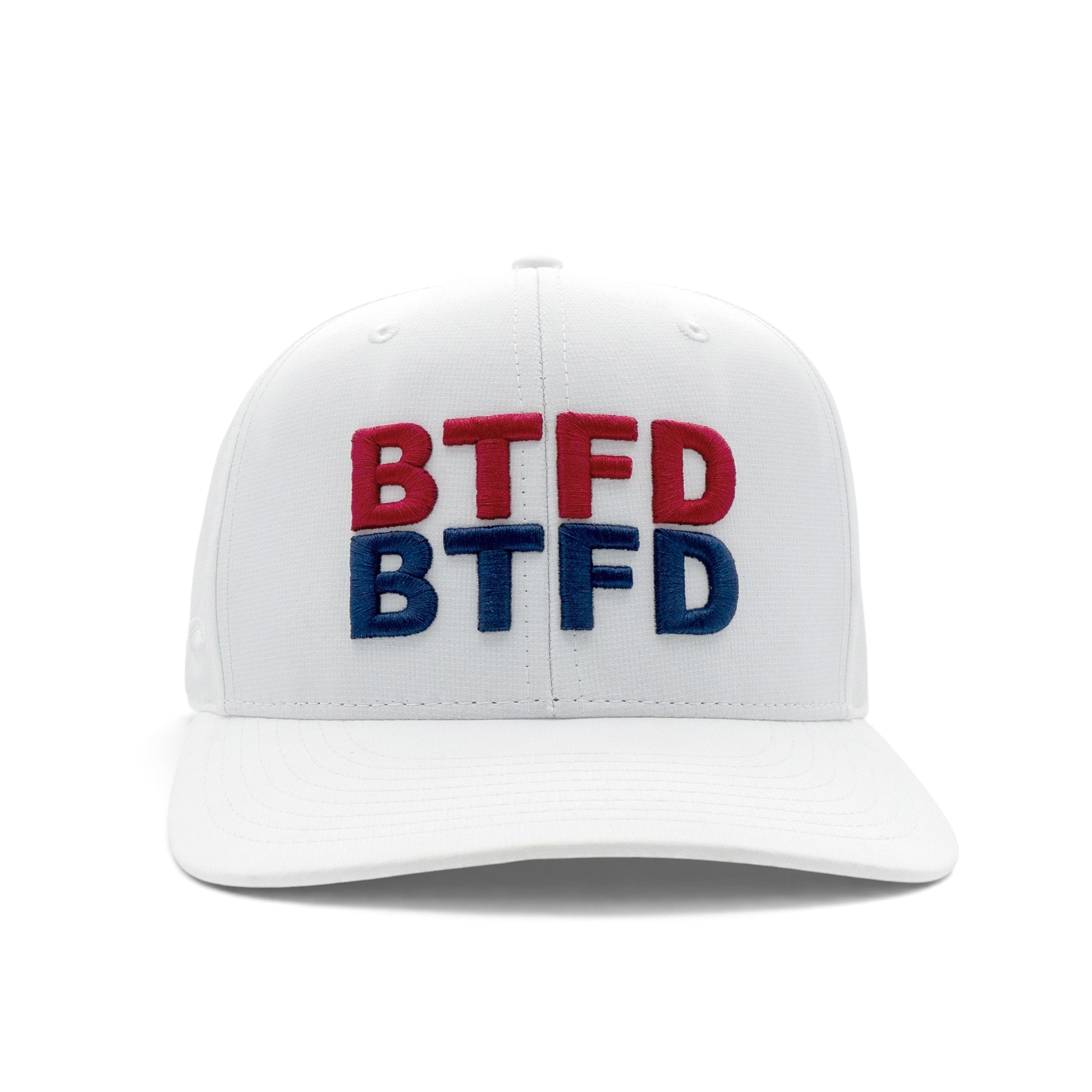 White cap with 'BTFD' logo stack in red and blue on a white background
