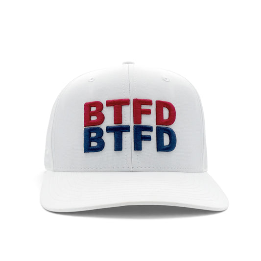 White cap with 'BTFD' logo stack in red and blue on a white background