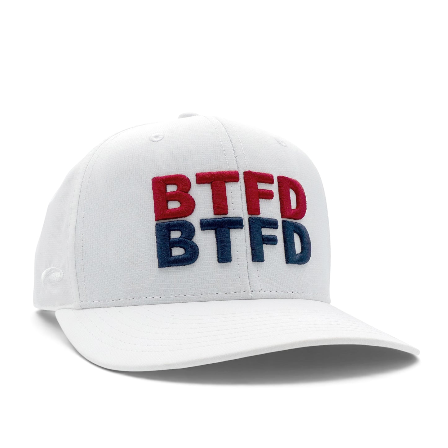 White cap with 'BTFD' logo stack in red and blue on a white background