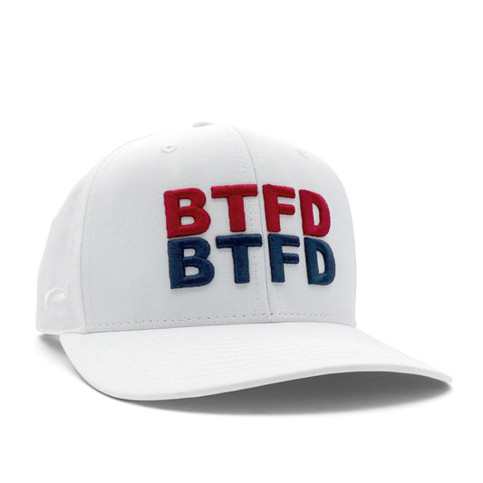 White cap with 'BTFD' logo stack in red and blue on a white background