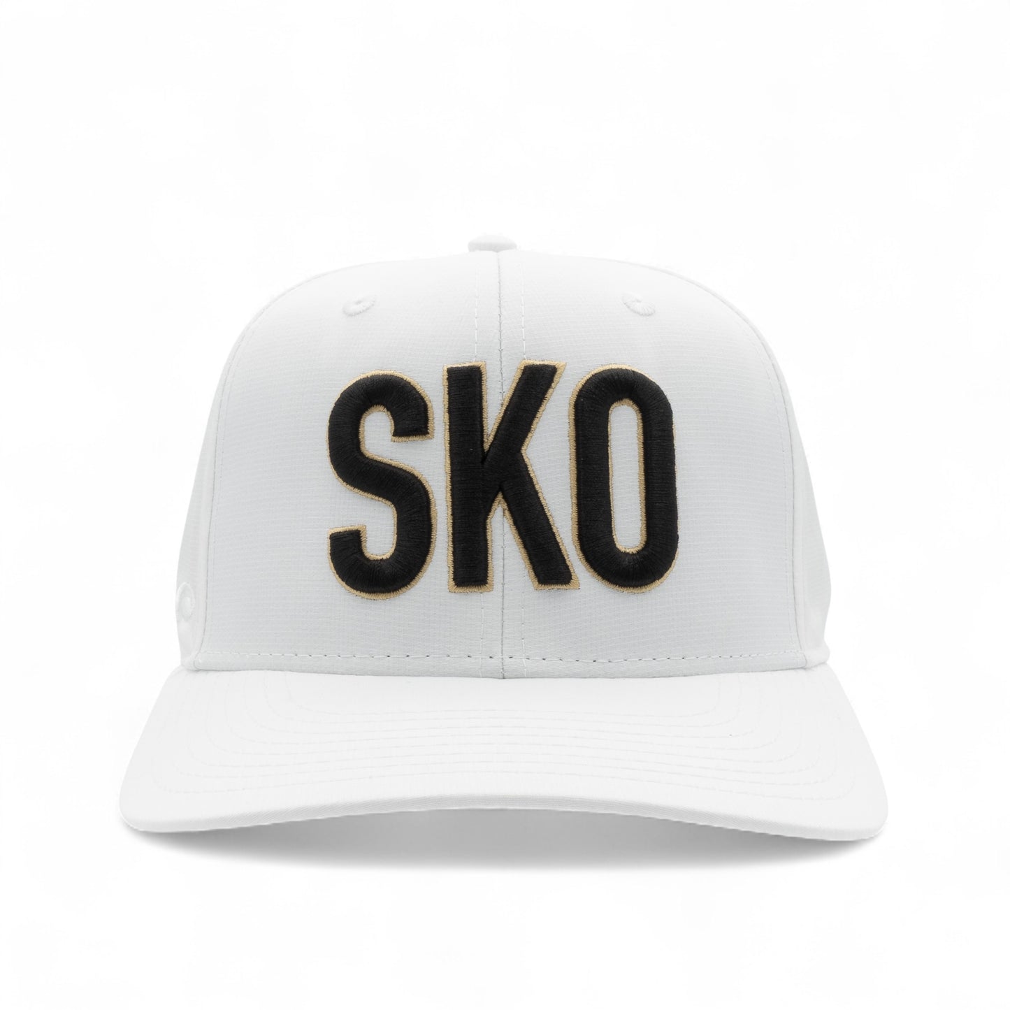 White cap with black  'SKO' text on a white background