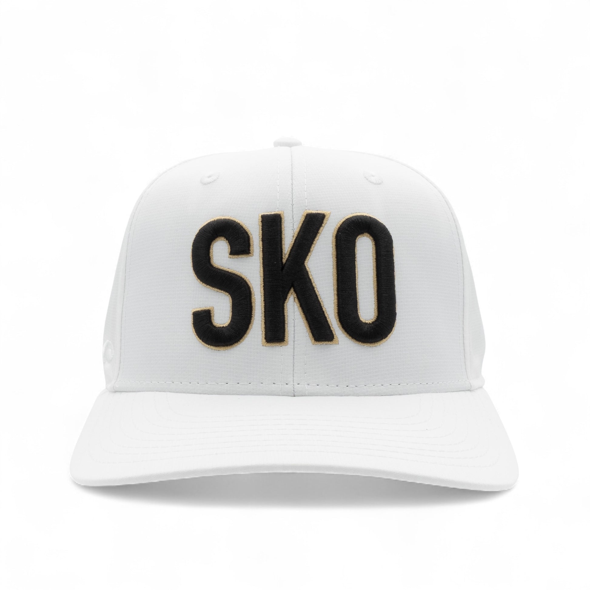 White cap with black  'SKO' text on a white background