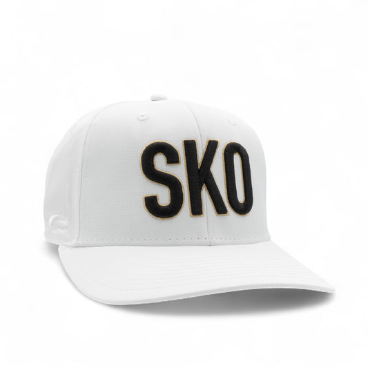 White cap with 'SKO' logo on a white background