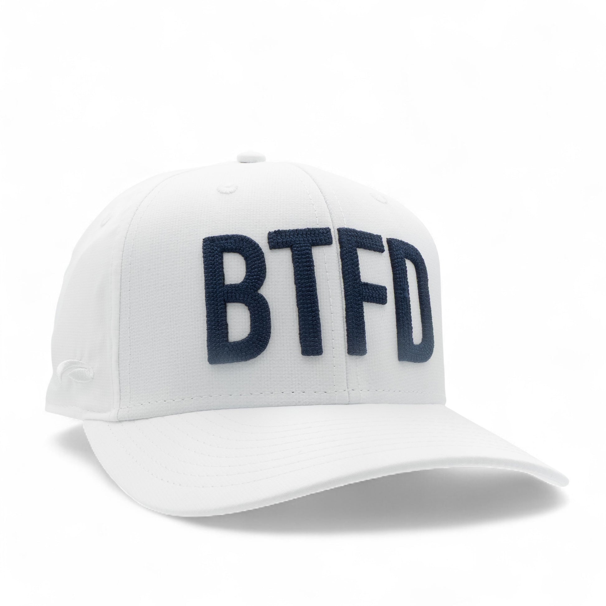 white cap with 'BTFD' embroidered in navy on a white background