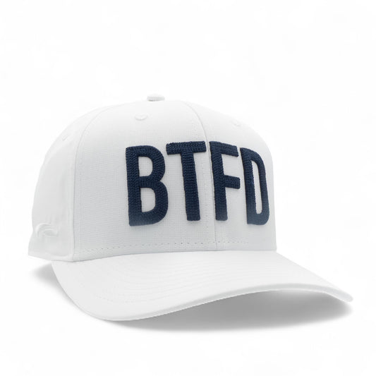 white cap with 'BTFD' embroidered in navy on a white background