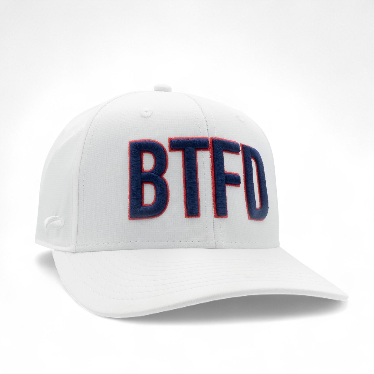 white cap with 'BTFD' embroidered in navy and outlined in red on a white background